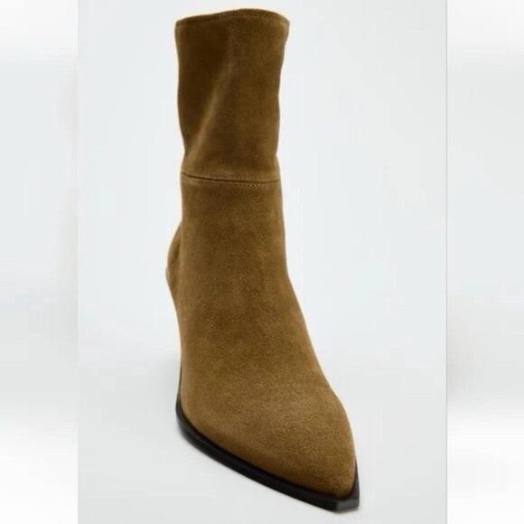 ZARA Women Square Toe Topstitched Split Suede Ankle Boots Brown US 9 EUR 40 - Picture 2 of 14